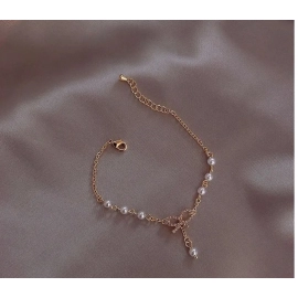 Sweet Korean Imitation Pearl Link Chain Bracelet For Women Girl Elegant Charm Crystal Bowknot Bow Jewelry Female Party Gifts