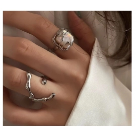 Gothic Punk Pearl Irregular Twining Rings for Women Vintage Silver Color Adjustable Ring Set Ins Style Jewelry 2022