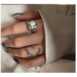 Gothic Punk Pearl Irregular Twining Rings for Women Vintage Silver Color Adjustable Ring Set Ins Style Jewelry 2022